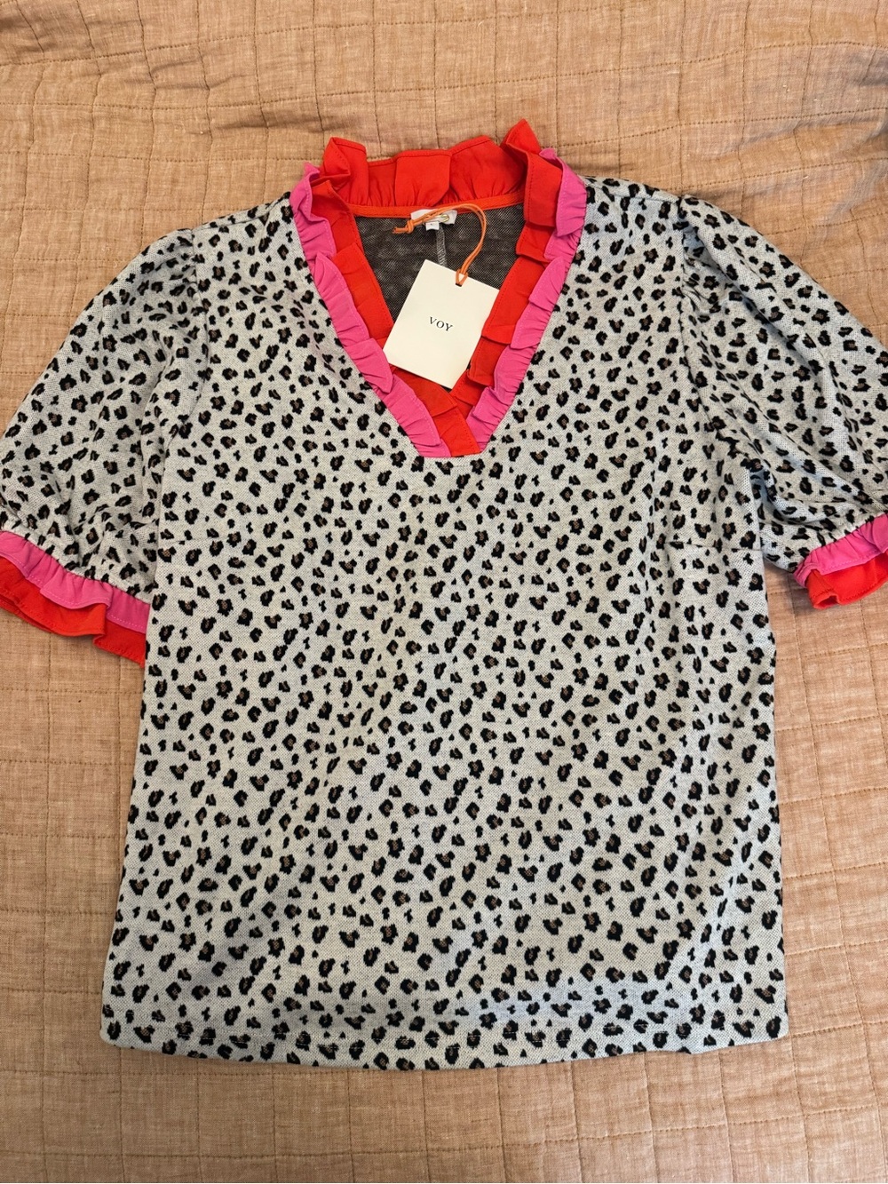 Grey Leopard Print Top with Pink & Red Ruffle Trim